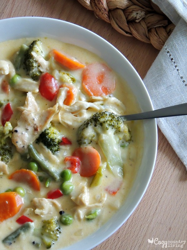 Cheesy Chicken and Vegetable Soup, Tender chicken is mixed with a variety of sauteed vegetables in a creamy Cheddar cheese to give you a warming soup your family will love.